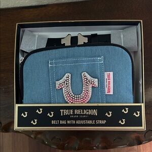 True Religion Denim Belt Bag with Rhinestone Logo - NWT and Box